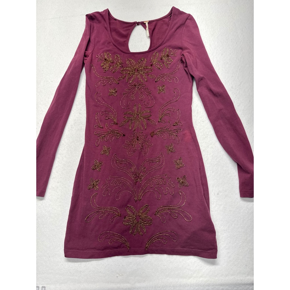 Free People Embroidered Long Sleeve Mini Dress Purple Boho Keyhole Back Small